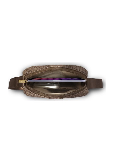 Guess Lisanslı Tablet Çantası Metal Logolu Fermuarlı 8 İnç Çapraz Omuz Askılı Kahverengi