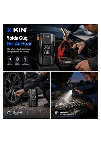 Xkın - 4in1 Akü Takviye Cihazı - 10.000 Mah Powerbank Özellikli - Çantalı Hava Kompresörü