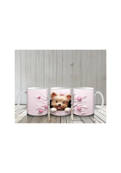 Pembe Çiçeklerle Süslenmiş Sevimli Köpek Baskılı Kahve Kupası Renkli