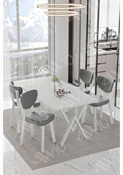 Avvio Lionel Beyaz Elma Sandalye 80x120 Yemek Masası Mutfak Masası 4 Kişilik Masa Sandalye Takımı Beyaz