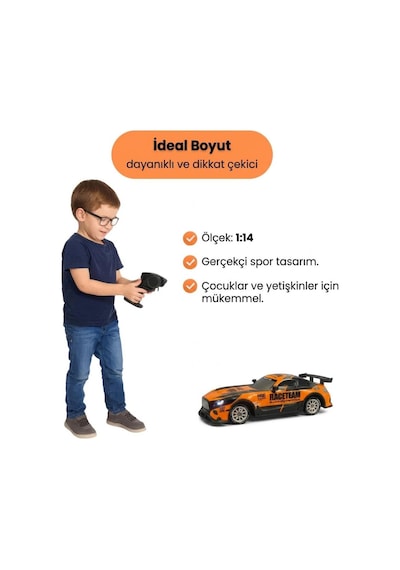 Uzaktan Kumandalı Işıklı 7 Fonksiyonlu 1:14 4 Çeker 10 Km/s Hızlı 4 Yedek Lastikli Oyuncak Drift Arabası Turuncu