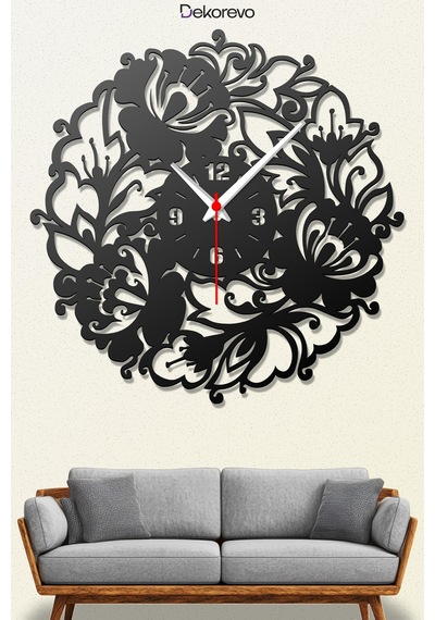 Çiçek Desenli Dekoratif Metal Duvar Saati - Siyah - 75 X 75 Cm