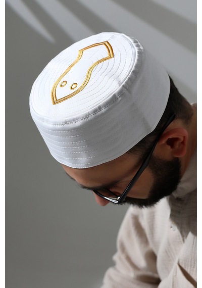 Nalı Şerif Desenli Kalıp Kumaş Takke Beyaz Beyaz