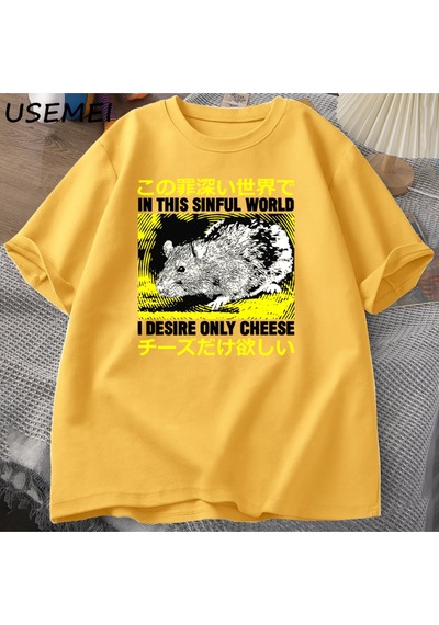 Flood Of Style Ben Arzu Sadece Peynir T-shirt Erkekler Komik Pamuk Japon Sıçan Grpahic Tees Casual Pamuk Kıs Sarı