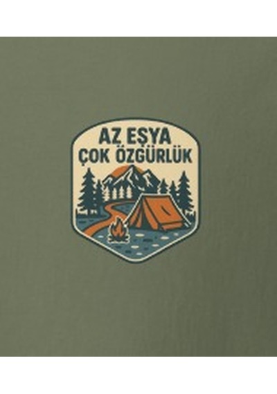 Wildstyle Az Eşya Çok Özgürlük Renkli Kamp Doğa Minimalist Baskılı Unisex Bisiklet Yaka Pamuklu Tişört Haki