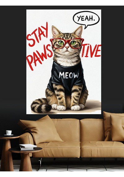 Ahşap Tablo Gözlüklü Kedi Yazılı Poster