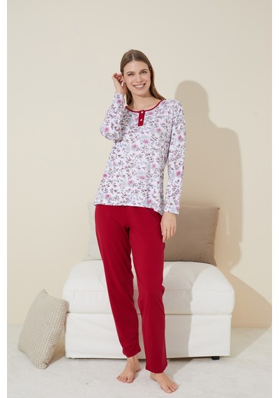Siyah İnci Düğmeli Pamuklu Örme Pijama Takım 24240128 Beyaz