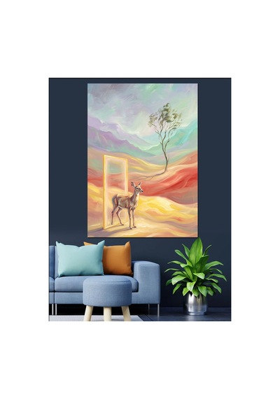 Çöl Kapısından Geçen Küçük Ceylan Yağlı Boya Dokulu Kanvas Tablo Canvas Tablosu