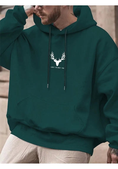 Startmore Haki Unisex Kadın/erkek Deer Renkli Özel Baskılı Pamuklu Oversize Kapüşonlu