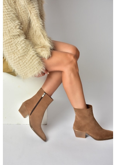 Fox Shoes Z654037561 Vizon Hakiki Deri Süet Alçak Topuklu Western Kadın Bot