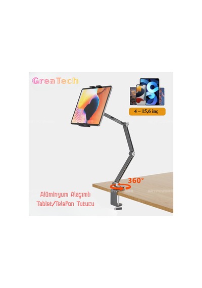 Alüminyum Akrobat Tablet & Telefon Tutucu Stand 360 Oynar Başlıklı Ayarlanabilir Uzun Kol Gri - 789254597 Gri