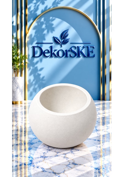 Dekorske - Taş Tozu Yuvarlak Saksı Ve Mumluk - 7x10 Cm - El Yapımı Dekoratif Mini Saksı Ve Çok Amaçlı Ev Dekoru Beyaz