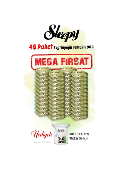 Sleepy 90'lı Zeytinyağlı Pamuklu Islak Bebek Havlusu Mega 48 Paket Ve Rosie Hediye Tekli