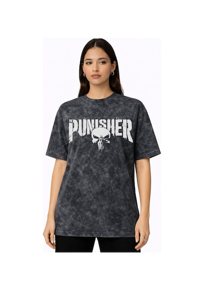 The Punisher Dizi Baskılı Unisex Oversize Vintage Yıkamalı Tişört Siyah