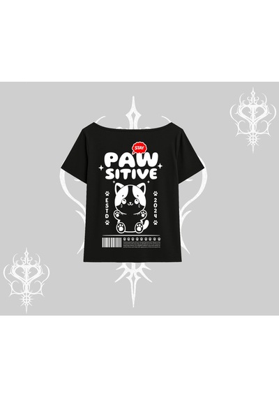 Tarzsokak Paw Sitive Kedi Arka Baskılı Kayık Yaka Tshirt Siyah