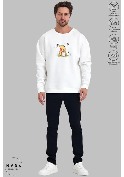 Unisex Uzun Kollu Winnie The Pooh Baskılı Bisiklet Yaka Kapüşonsuz Şardonlu Oversize Sweatshirt Beyaz