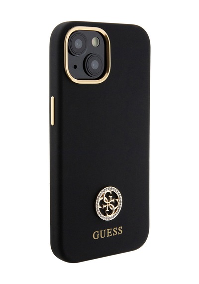 Apple Uyumlu iPhone 15 Kılıf Guess Lisanslı Yazı Ve Taşlı 4g Logolu Metal Kamera Çerçeveli Silikon Kapak Siyah