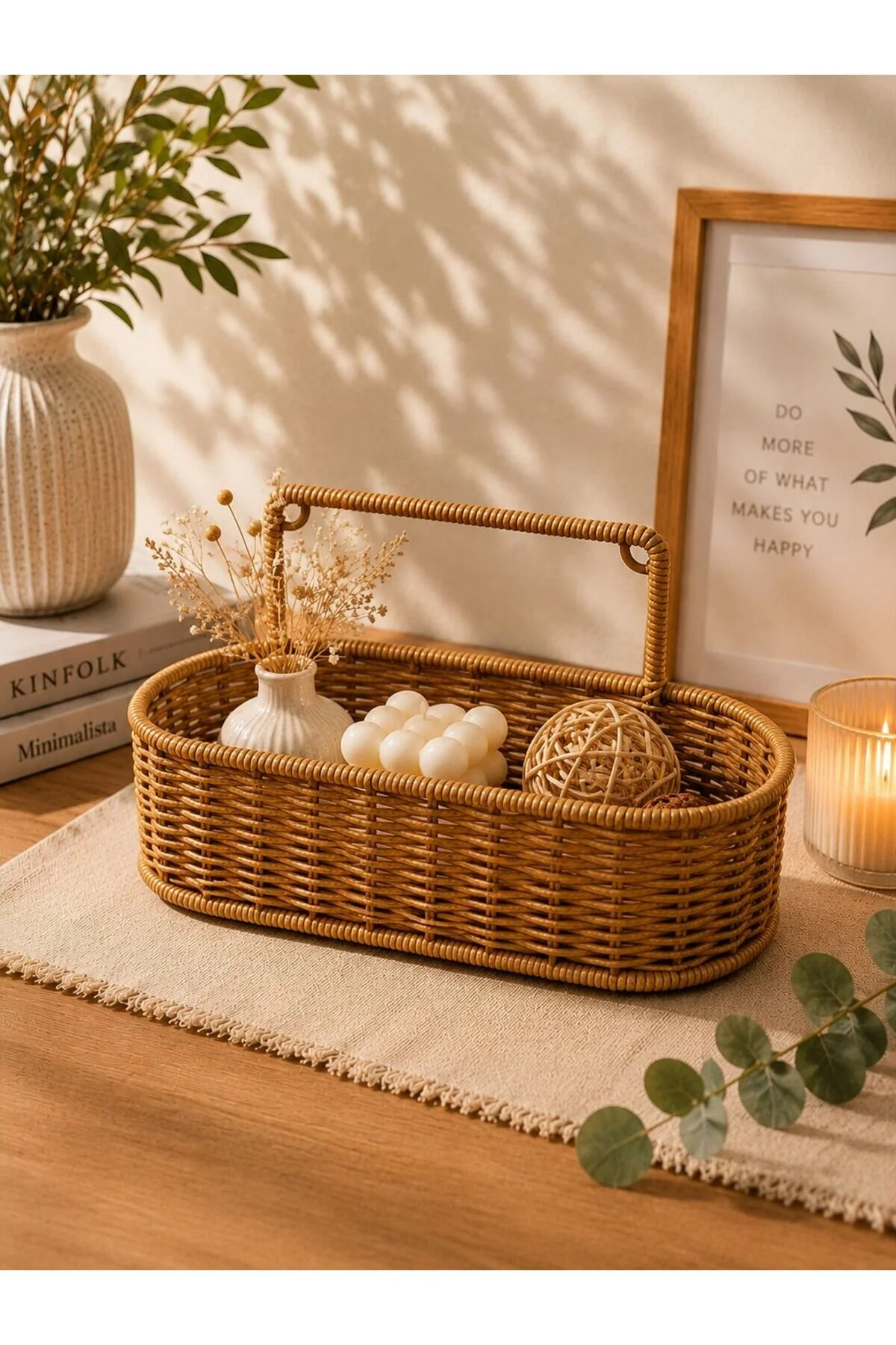 Hasır Rattan Askılı Oval Organizer Dekoratif Düzenleyici 32 12 15cm Açık Kahverengi
