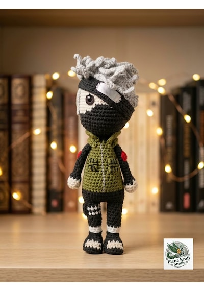 Kakashi Hatake Amigurumi Örgü Oyuncak - Anime Hediyelik Figür 21 Cm Yeşil