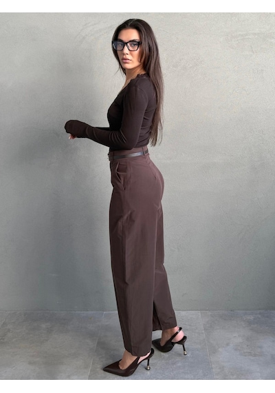 Madmext Kahverengi Modern Kesim Kemerli Yüksek Bel Bol Paça Kumaş Pantolon Mg2618 Kahverengi