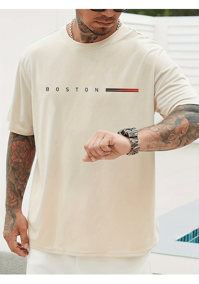 Unisex Boston Tasarım Basklı Tshirt Bej