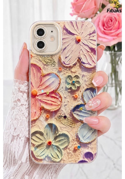 Fibaks iPhone 11 Uyumlu Kılıf Renk Değiştiren Taşlı Kamera Lens Korumalı Pembe Çiçek Desenli Darbe Emici Kapak