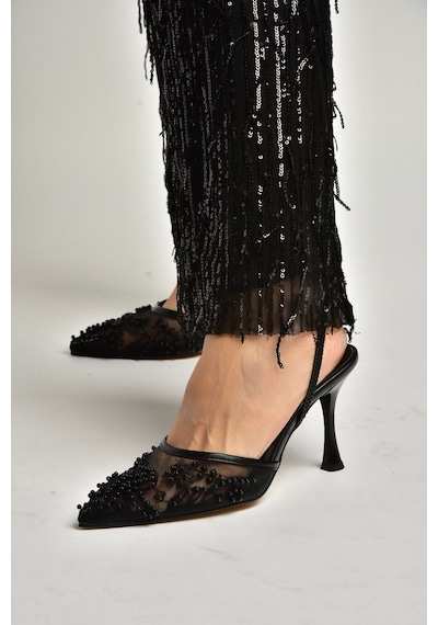 Fox Shoes Y726462415 Siyah File Boncuk İşlemeli İnce Topuklu Ayakkabı Siyah