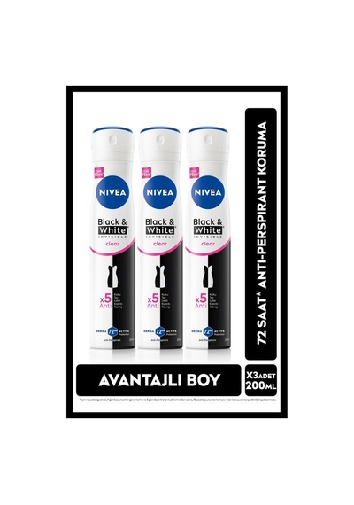 Kadın Sprey Deodorant Black&white Invisible Clear 48 Saat Anti-perspirant Koruma 200mlx3adet