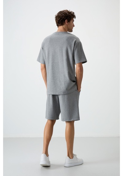 Gri Melanj Pamuklu Kalın Yumuşak Dokulu Oversize Fit Nakışlı Erkek Şort Takım - 85250 GRİ MELANJ