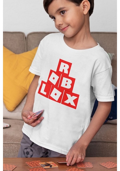 Sevbano Tasarım Roblox Baskılı Unisex Oyun Çocuk Tişört 1-12 Yaş Beyaz