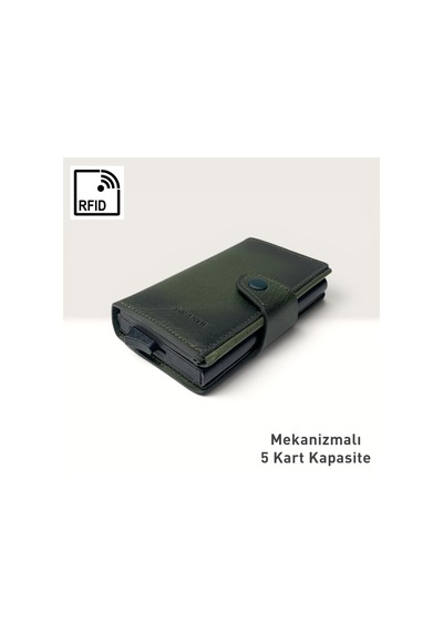 Grande Hakiki Deri Mekanizmalı Mandallı Kartlık Cüzdan Rfıd Yeşil