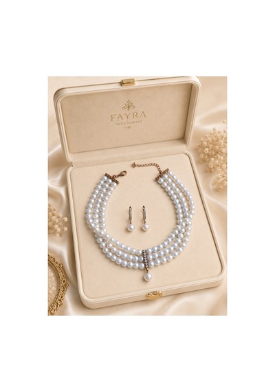 Kristal Taşlı Üç Sıra İnci Tasma Kolye Ve İnci Küpe Seti Beyaz 30839555