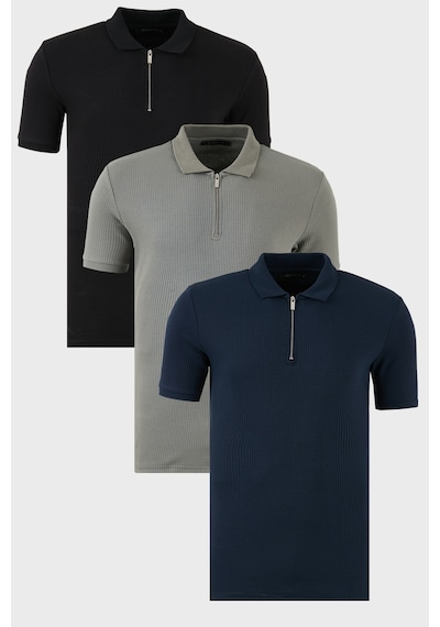 Buratti Pamuklu Regular Fit Yarım Fermuarlı 3'Lü Paket Erkek Polo Yaka T Shirt 5902738S3 Siyah-Açık Haki-Indigo