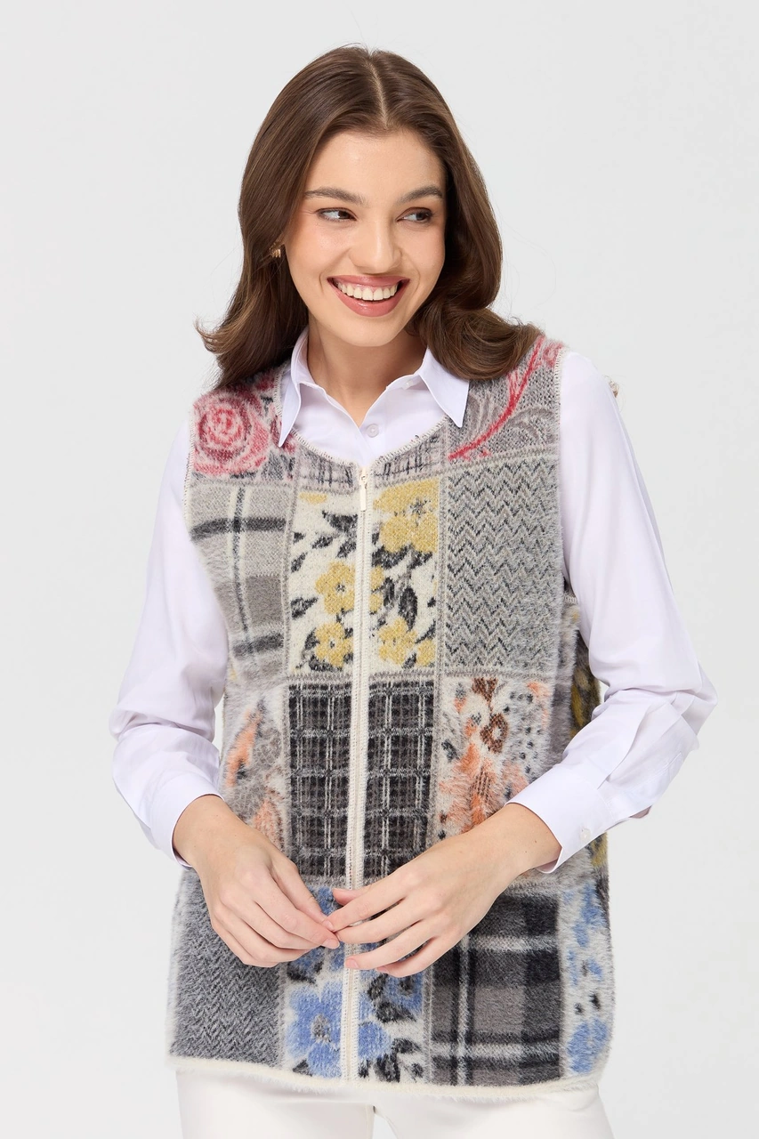 Desen Triko Kadın Sıfır Yaka Patchwork Yelek Kemik Kemik