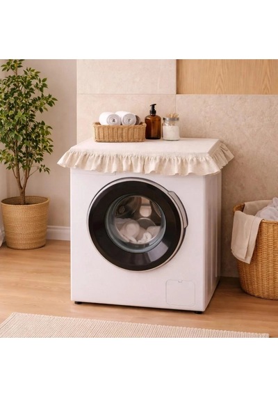 Fırfırlı Çamaşır Makinesi Örtüsü - Çeyizlik Dekoratif Banyo Makine Kılıfı- Krem
