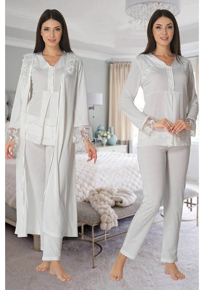 Veraura Lifestyle Effortt 2424 Uzun Dantel Sabahlıklı Lohusa Pijama ekru