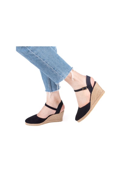 Star Tombis Gerçek Elişi Topuğu Açık Bilekten Bantlı Dolgu Topuk Siyah Keten Hasır Espadril Handmade Siyah