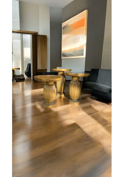 Wood Wooden Ahşap 3 Lü Set Mantar Yan Sehpa Modern Meşe Renk
