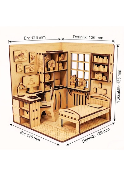 Çalışma Odası Ahşap Maket Seti Dıy Miniatür Yatak Odası Ve Çalışma Köşesi Peri Led'li 3d Puzzle