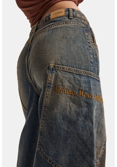 Kadın 4w6-85 Baggy Fit Özel Nakış Detaylı Tasarım Denim Jean Koyu Mavi