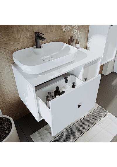 Oval Lavabolu Mat Mdf 90 Cm Banyo Dolabı + Aynalı Dolap Beyaz Mat Beyaz