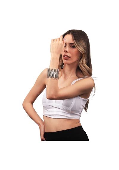 Kadın Antik Gümüş Kaplama Esnek Lastikli Band Yaprak Parçalı Geniş Bileklik Gümüş