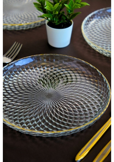 Tabak Evi Altın Yaldız Cam Pasta Tabağı 19cm 6 Lı 2339 Şeffaf