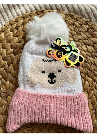 Prahar Kız Çocuk Köpek Figürlü İçi Peluş Dokulu Ponponlu Kışlık Bere Pembe