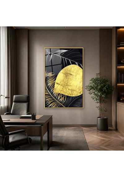 Altın Yapraklar Ve Altın Daire Gold Çerçeveli Cam Tablo