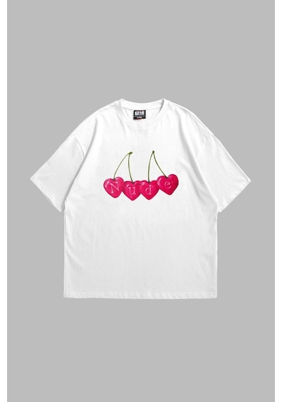 Tarzsokak Cherry Nude Baskılı Oversize Unisex Premium Beyaz