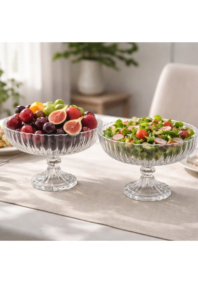 Selen Concept Linea Damla Model Ayaklı El Yapımı Cam Salata Ve Meyve Kasesi 2'li Set Şeffaf