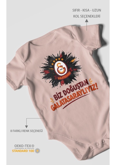 Morivokids Biz Doğuştan Galatasaraylıyız Kısa Kollu Bebek Body %100 Pamuk Pastel Pembe