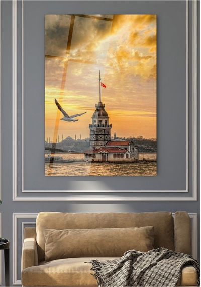 Kız Kulesi Cam Tablo 4 Mm Temperli Cam İstanbul Gün Batımı Duvar Dekoru