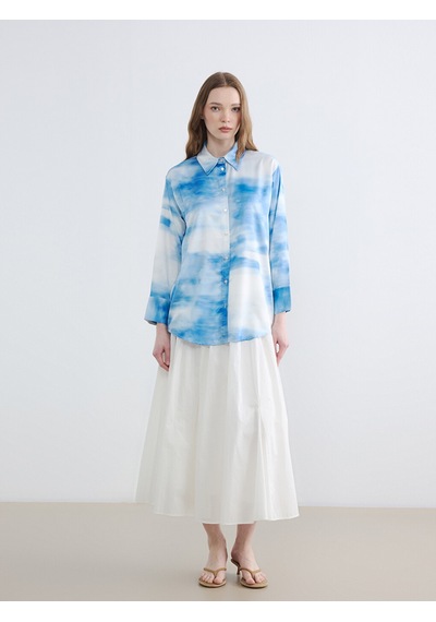 Lcw Modest Mavi Batik Saten Kadın Gömlek Tunik